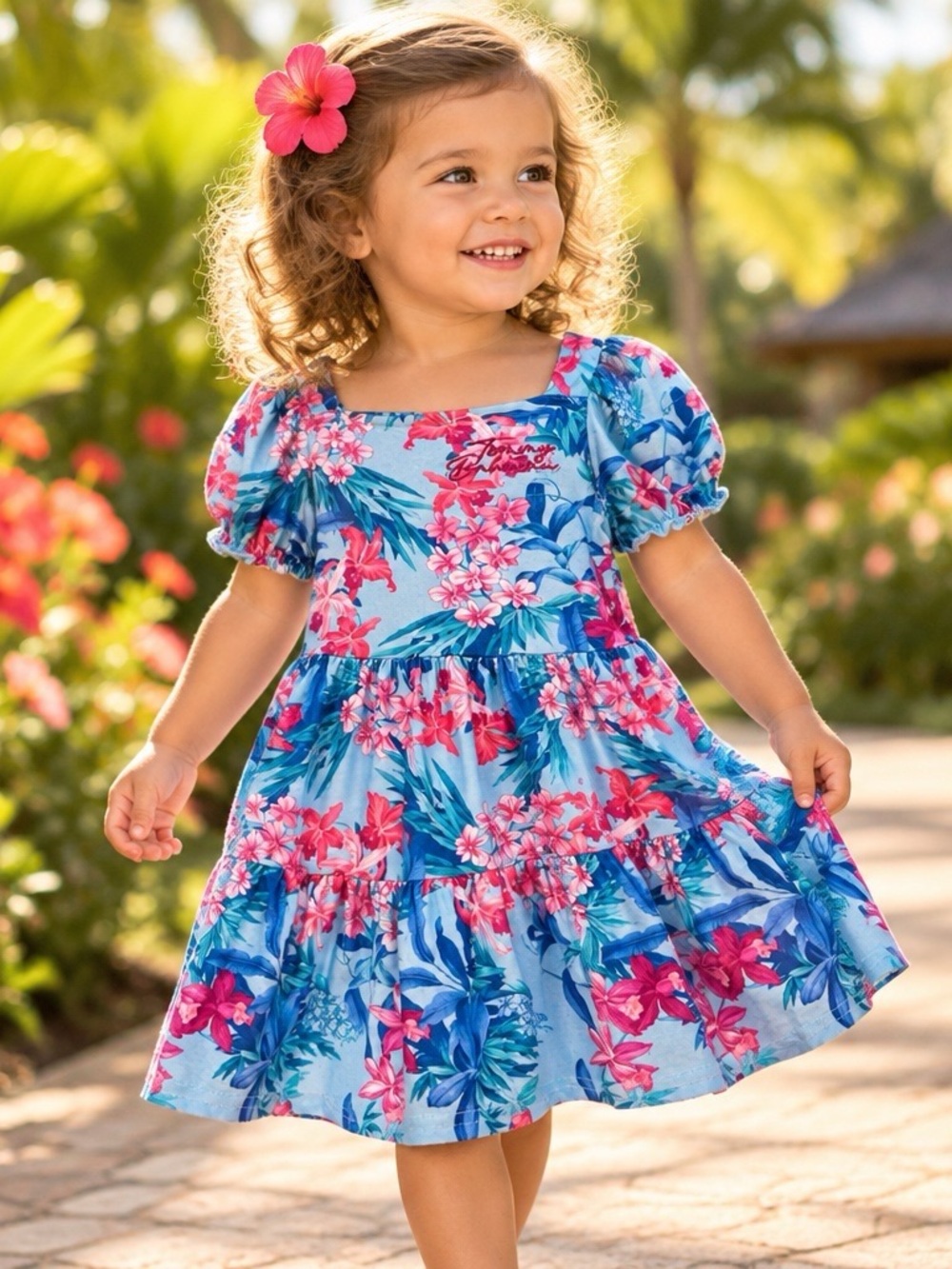 Tommy Bahama Toddler Girls 2T Tropical Floral Puff Sleeve Dress Blue